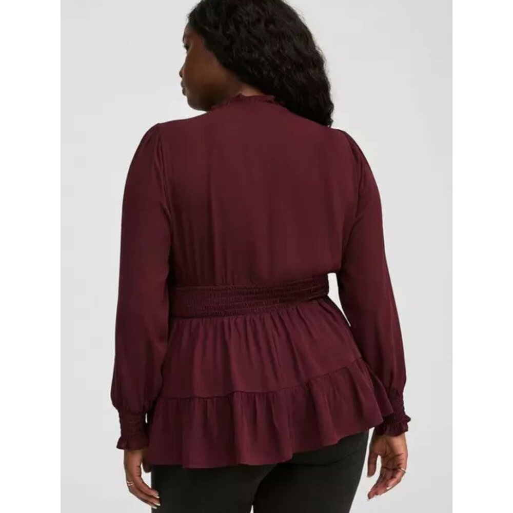 EUC Torrid Ruffle Georgette Long Sleeve Tunic Blouse in Winetasting Sz 3x - Picture 3 of 16